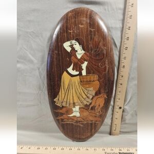 Antique Carved Wood Female Wall Plaque Inlaid Bone Elegant Decor Mid Mod Curves